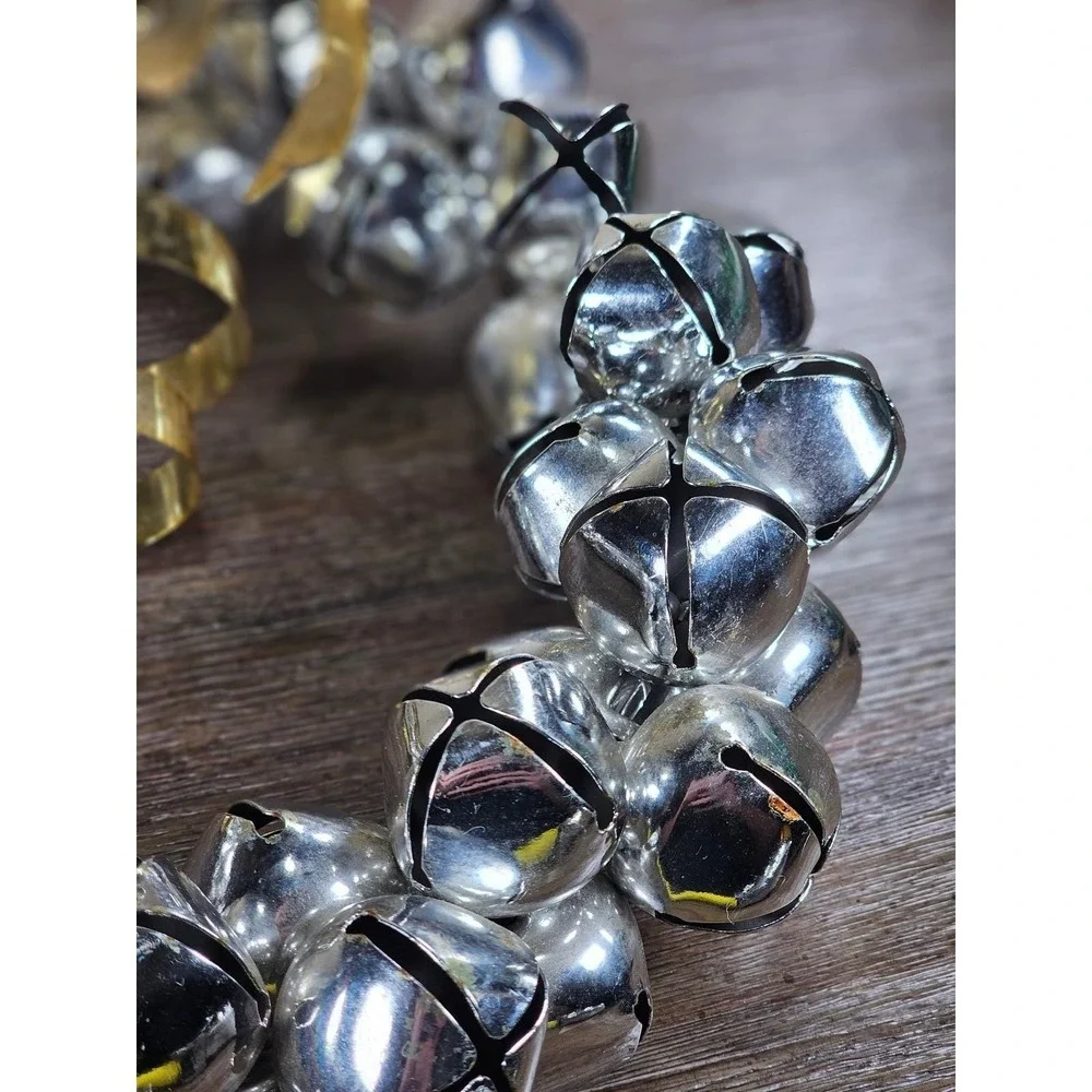 Vintage Silver Jingle Bell Wreath Gold Bow Christmas Door Decor